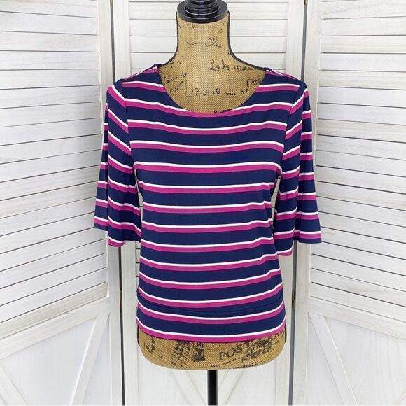 Chico’s Striped Flare Sleeve Knit Shirt Blue Pink 0 Small 4 - Picture 1 of 12